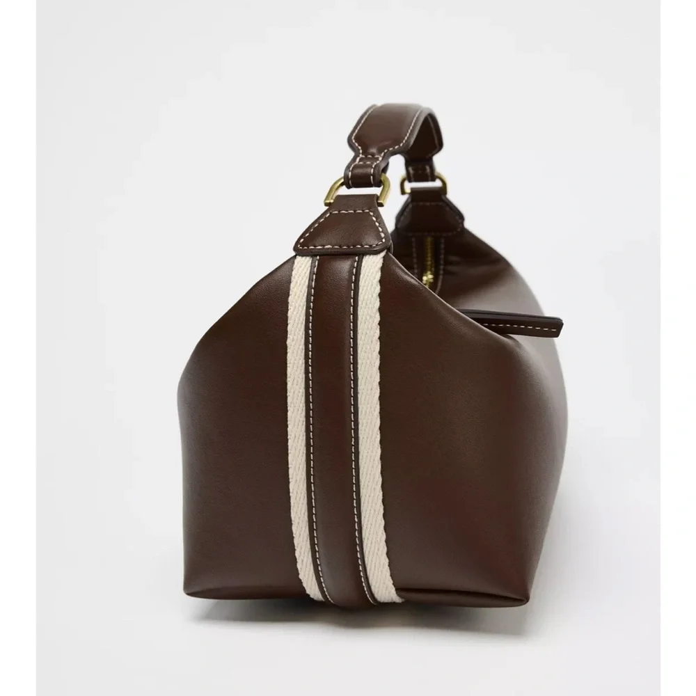 Elegant Brown Leather Handbag - Zara side stripe bag , cross body or clutch - Picture 2 of 14
